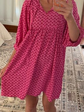 Pink Printed V-Neck Women's Babydoll Dress